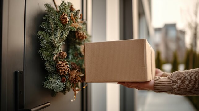courier handing over cardboard parcel box at home door with christmas wreath