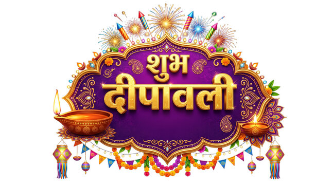 Shubh deepavali greeting with diya lamps and fireworks isolated on transparent background