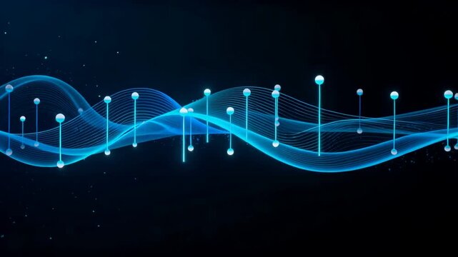 Blue glowing wave patterns with vertical poles and spheres on dark background