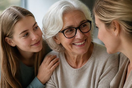 Three women of different ages are gathered indoors, smiling and interacting with each other.