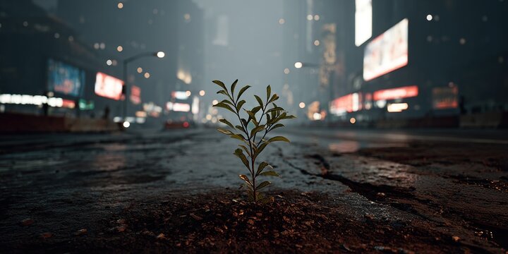 Small plant sprouts in cracked pavement on a city street at night
