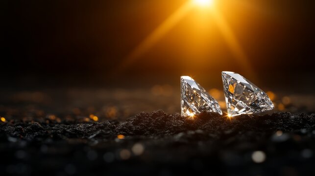 Diamonds in the Earth: Two brilliant cut diamonds rest on dark soil, catching the warm, golden light of the sun, symbolizing rarity and value.