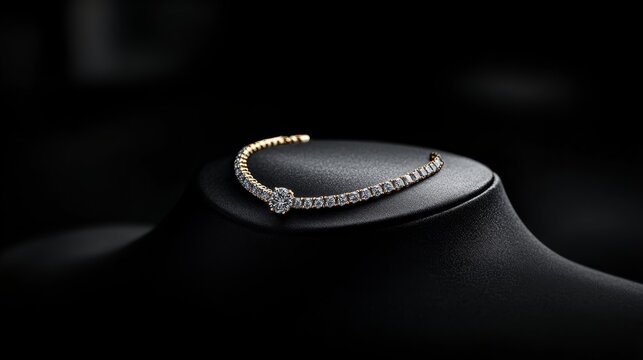 Elegant Diamond Necklace on Black Display: A stunning diamond necklace, showcasing a central brilliant-cut stone encircled by smaller pave diamonds, rests elegantly on a black velvet bust.