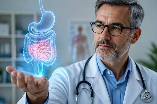 A middle-aged doctor in a white coat is holding up a glowing, holographic image of the human digestive system.