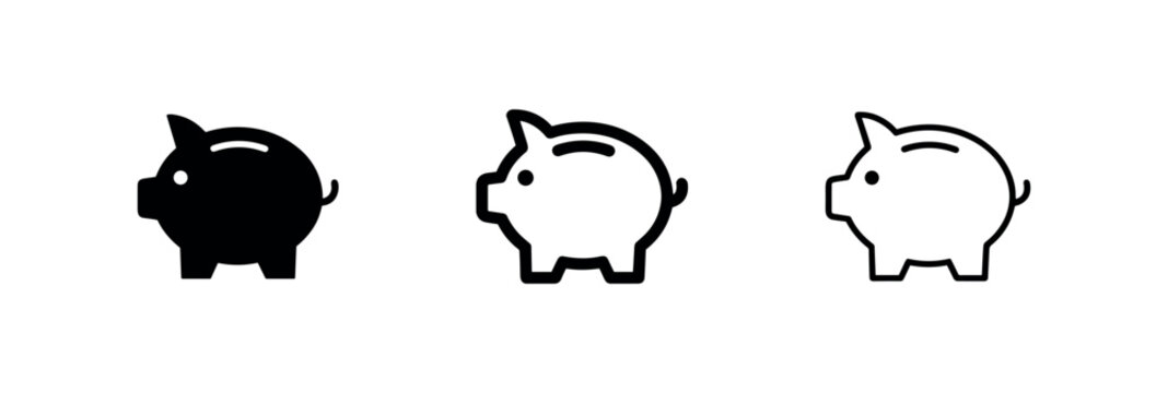 Piggy bank icon set for savings and finance. Money box symbol vector illustration. Financial growth and investment concept icons.