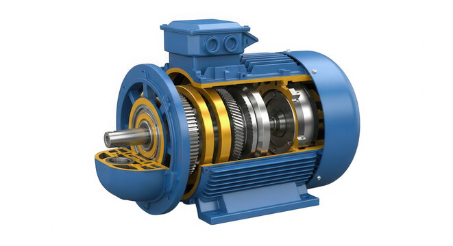 Cross section of a blue electric motor showing internal metal parts isolated on transparent background