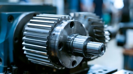 Fototapeta premium Close up of a precision hined gear assembly with metallic finish and industrial workshop background