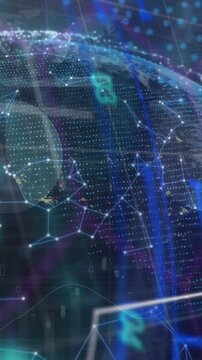 Animation of globe over computer circuit board and data processing
