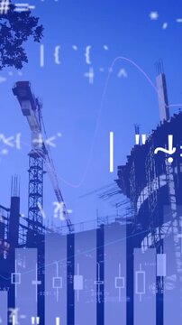 Animation of data processing and charts over city construction site