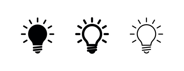 Lightbulb icon set with rays. Idea, innovation, and bright solution pictogram with solid, bold, and thin outline styles. © liubomir118809