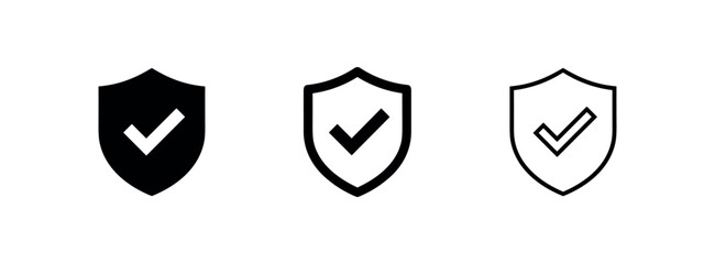 Obraz na płótnie Canvas Shield with checkmark icon set. Security, protection, and verified pictogram with solid, bold, and thin outline styles.