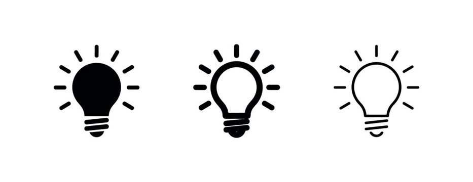 Lightbulb icon set with rays. Idea, innovation, and bright solution pictogram with solid, bold, and thin outline styles.