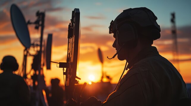 Military Communications at Sunset: A soldier in silhouette stands vigil beside a satellite dish during a breathtaking sunset, embodying the spirit of vigilance and technological prowess.