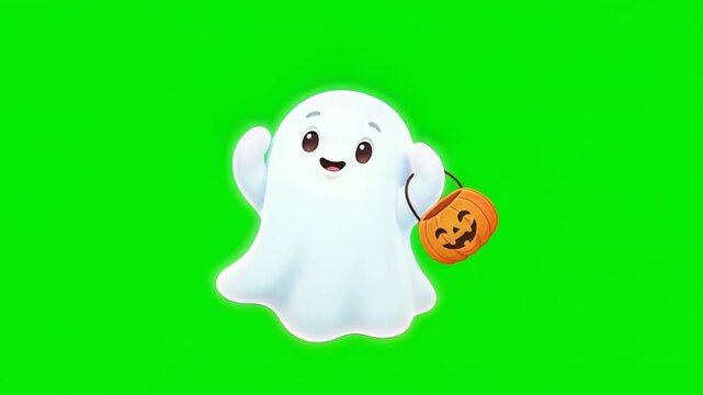 Cute White Halloween Ghost Character Holding Pumpkin on Green Screen