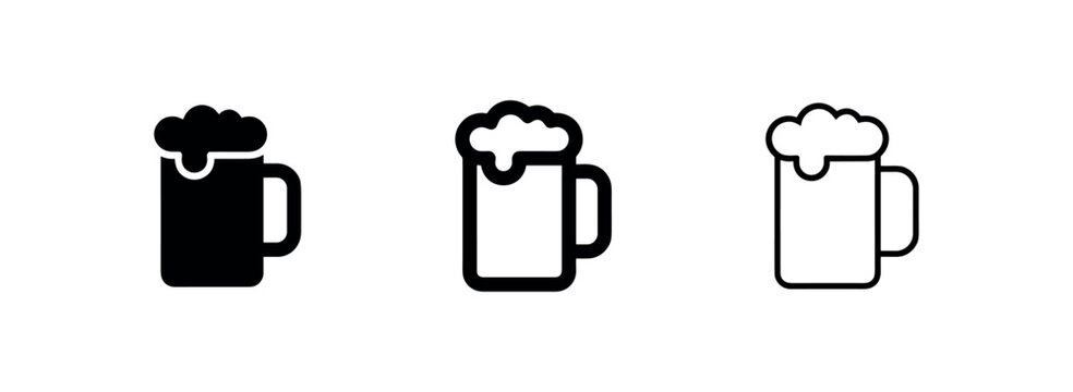 Beer mug icon set with foam. Alcoholic beverage and bar pictogram with solid, bold, and thin outline styles.