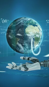 Animation of robot's hand over globe and scientific data processing over screens