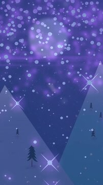 Animation of snow falling over christmas trees and moon in winter scenery