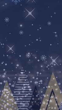 Animation of snow falling over christmas trees and stars in winter scenery