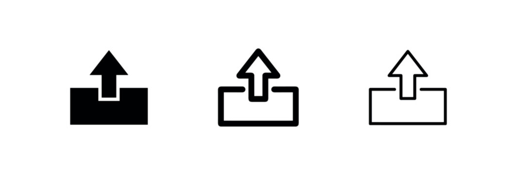 Upload icon set. Arrow pointing up from a box symbol in solid, bold, and outline styles. File transfer and digital backup.