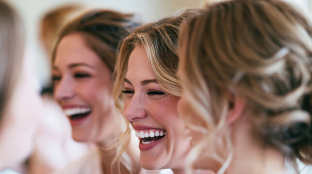 Happy smiling women laughing together close up portrait, beautiful group of friends sharing joy and genuine laughter, joyful bride and bridesmaids enjoying happy moment during wedding preparation