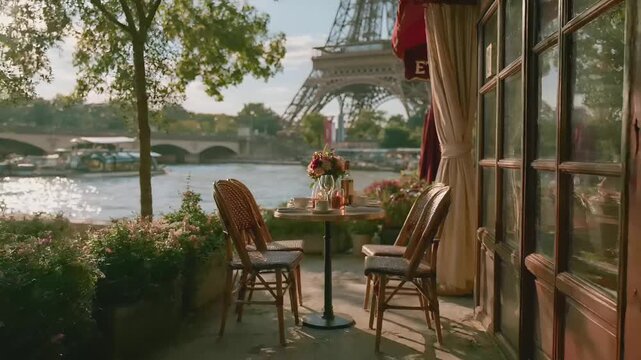 Paris, France, Europe. A vivid portrayal of a Parisianstyle cafe overlooking the Seine River with the Eiffel Tower in the background. The scene is bathed in warm, golden light.