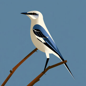 Stylized blue and white bird sitting on brown branch isolated on blue background illustration, minimalist wild songbird side profile graphic art icon representation for nature concept