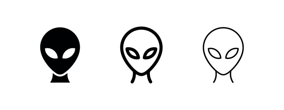 Alien head icon set, symbolizing extraterrestrial life, science fiction, and mystery.