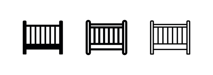 Obraz premium Baby crib icon set. Nursery bed for infants, symbolizing childcare and family, in solid, outline, and line styles.