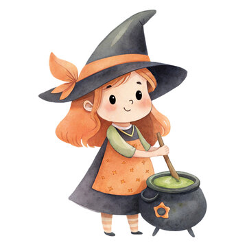 Cute watercolor illustration of a friendly little witch girl stirring a magic potion in a cauldron isolated