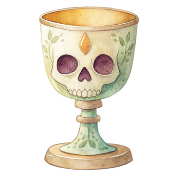 Cute watercolor illustration of a vintage magic skull goblet chalice with green leaves isolated