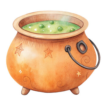 Cute watercolor illustration of a magical orange cauldron with green potion isolated