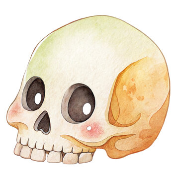 Cute watercolor illustration of a friendly little human skull character with rosy cheeks isolated