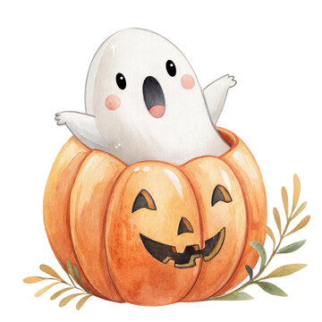 Cute watercolor illustration of a friendly little ghost sitting inside a carved pumpkin isolated