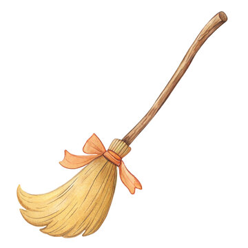 Cute watercolor illustration of a magical witch broomstick with an orange bow isolated
