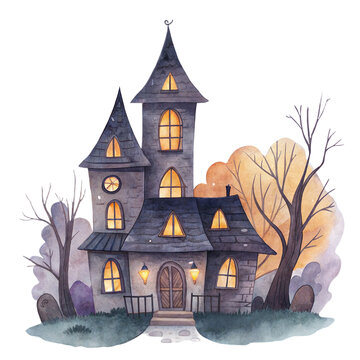 Cute watercolor illustration of a magical spooky haunted castle with tall towers and glowing windows isolated