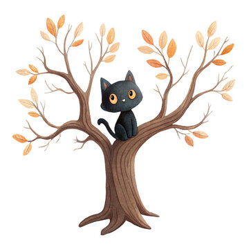 Cute watercolor illustration of a friendly little black cat sitting on an autumn tree branch isolated