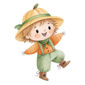 Cute watercolor illustration of a friendly little scarecrow boy character with pumpkin hat isolated