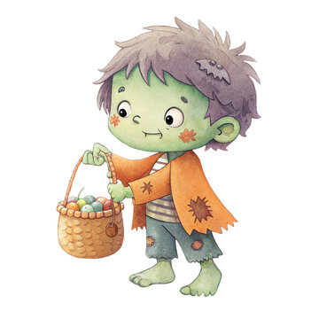 Cute watercolor illustration of a friendly little zombie or monster boy holding a candy basket isolated