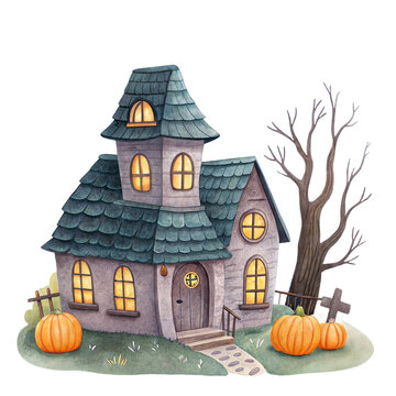 Cute watercolor illustration of a magical spooky haunted house with glowing windows and pumpkins isolated