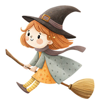 Cute watercolor illustration of a friendly little witch girl flying on a broomstick isolated