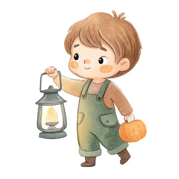 Cute watercolor illustration of a friendly little boy holding a glowing lantern and a pumpkin isolated