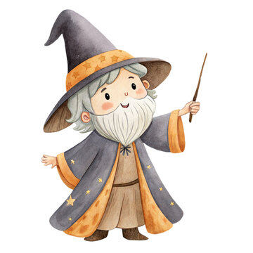 Cute watercolor illustration of a friendly little wizard or sorcerer with a beard holding a wand isolated