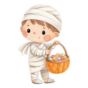 Cute watercolor illustration of a friendly little mummy boy character wrapped in bandages holding a candy basket isolated