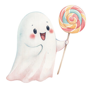 Cute watercolor illustration of a friendly little ghost character holding a big colorful lollipop isolated