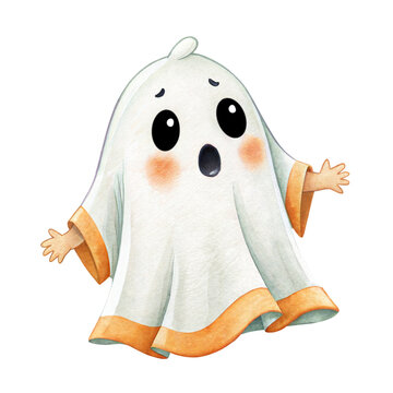 Cute watercolor illustration of a friendly little surprised ghost character wearing a sheet isolated