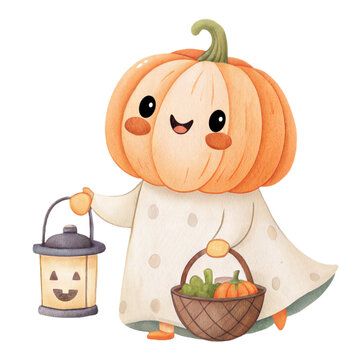 Cute watercolor illustration of a friendly little pumpkin character holding a lantern and basket isolated