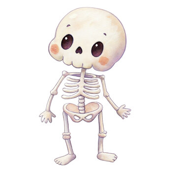 Cute watercolor illustration of a friendly little skeleton character standing isolated