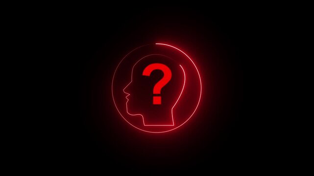 Head silhouette glowing with intense red neon light featuring a large question mark symbol representing uncertainty danger warning psychological distress cognitive conflict or problematic human.