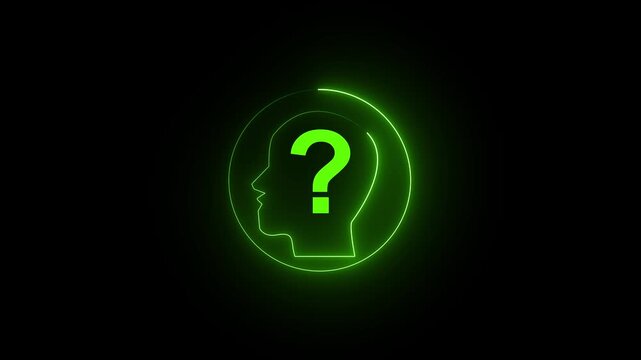 Human profile silhouette glowing with vibrant green neon illumination and a question mark symbol inside representing psychology mental health confusion thinking process or human curiosity concepts.