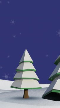 Multiple stars falling over trees on winter landscape against blue background